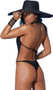 Lycra monokini with plunging v neckline, zipper front, halter neck, tie back and thong cut back.