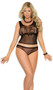 Crochet fishnet cami top with scoop neck, wide shoulder straps and floral design. Matching cheeky cut panty included. Two piece set.