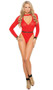 Long sleeve teddy featuring long sleeves, high cut on the leg, high neckline with plunging V neck cut out, and cut out back.