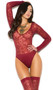 Sheer long sleeve teddy with burn out vine and floral pattern detail, scoop neck and thong cut back. Matching thigh high stockings included. Two piece set.