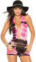 Tie dye romper with plunging deep v neckline, o ring accent, and halter neck.