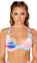 Tie dye velvet bikini crop top with v neckline, wide shoulder straps with overall style buckles, and clasp back. Unlined.