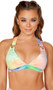 Tie dye velvet bikini crop top with v neckline, wide shoulder straps with overall style buckles, and clasp back. Unlined.