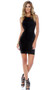 High collar halter bodycon mini sleeveless dress with open back and strappy adjustable tie closures.  