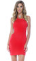 High collar halter bodycon mini sleeveless dress with open back and strappy adjustable tie closures.  