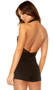 Halter neck romper with high collar, cut out v shaped plunging neckline, mesh insets and open back.