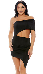 Strapless one shoulder tube dress with side cutout and asymmetrical hem.