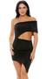 Strapless one shoulder tube dress with side cutout and asymmetrical hem.