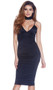 Sleeveless V neck bodycon midi dress with triangle cups, adjustable straps and zipper back.