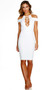 Open front bodycon midi dress features high collar with button closure, suspended sleeves, front lace up detail with o rings, and open back with zipper closure.