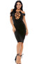 Open front bodycon midi dress features high collar with button closure, suspended sleeves, front lace up detail with o rings, and open back with zipper closure.