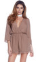 Romper with plunging V neckline, three quarter sleeves and lace hem.
