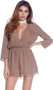 Romper with plunging V neckline, three quarter sleeves and lace hem.