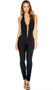 Bodycon jumpsuit with halter neck, strappy details over a plunging V neckline, matching cut out side panels and open back.