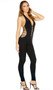 Bodycon jumpsuit with halter neck, strappy details over a plunging V neckline, matching cut out side panels and open back.