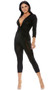Capri jumpsuit with three quarter sleeves, plunging V neckline, and gathered front with knot detail.