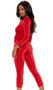 Capri jumpsuit with three quarter sleeves, plunging V neckline, and gathered front with knot detail.