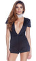 Short sleeve bodycon romper with plunging V neckline and backside zipper closure.