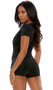 Short sleeve bodycon romper with plunging V neckline and backside zipper closure.