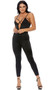 Sleeveless jumpsuit with spaghetti straps and strappy criss cross cup detail over a plunging V neckline.