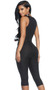 Sleeveless capri jumpsuit with plunging V neckline and back zipper closure.