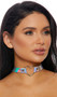 Hologram choker with silver heart ring detail. Adjustable snap closure.