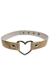 Hologram choker with silver heart ring detail. Adjustable snap closure.