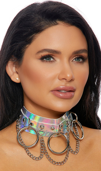 Studded hologram choker with silver chain and o ring detail. Adjustable buckle closure.