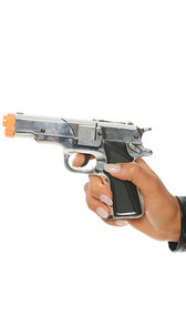 Silver plastic prop cap gun costume accessory. Working trigger.