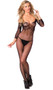 Seamless fishnet bodystocking with floral lace top, open crotch and mid-arm sleeves.