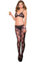 One piece sleeveless floral lace and fishnet bodystocking with bra like top and cut out front.