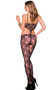 One piece sleeveless floral lace and fishnet bodystocking with bra like top and cut out front.