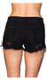 Denim shorts with lace up side details, front and back pockets, belt loops and distressed details on front and back.  Button and zipper closure.