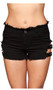 Denim shorts with adjustable buckle sides, frayed trim, front and back pockets, and belt loops. Button and zipper closure.