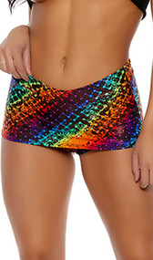 Metallic rainbow print mini skirt with built in shorts and cheeky cut back. Pull on style.