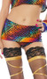 Metallic rainbow print mini skirt with built in shorts and cheeky cut back. Pull on style.