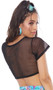 Short sleeve mesh crop top with crew neck and front block print band underneath to provide just enough coverage.