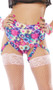 High waist, high cut shorts feature a daisy flower print, cheeky cut back and thigh straps.