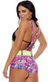Electric daisy print overall shorts with functional pouch pocket, criss cross non-adjustable straps, closed crotch and matching detachable belt with hook and loop closure.
