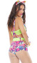 Electric daisy print overall shorts with functional pouch pocket, criss cross non-adjustable straps, closed crotch and matching detachable belt with hook and loop closure.