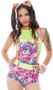 Electric daisy print overall shorts with functional pouch pocket, criss cross non-adjustable straps, closed crotch and matching detachable belt with hook and loop closure.