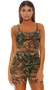 Camouflage print sheer mesh mini dress with spaghetti straps. Pull on slip style.