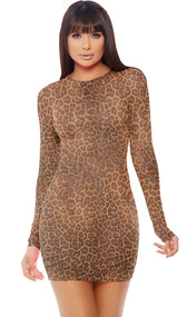 Leopard print sheer mesh mini dress with long sleeves. Pull on style.