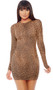Leopard print sheer mesh mini dress with long sleeves. Pull on style.