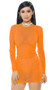 Sheer mesh mini dress with crew neck and long sleeves. Pull on style.