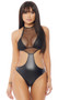 Micro net and matte cut out bodysuit featuring sheer top with high collar halter neck and tie closures