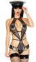 Sheer strappy micro net cut out bodysuit featuring a high collar halter neck and tie closures with a thong cut back.