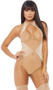 Sleeveless sheer and opaque teddy features a high neckline with front hook closure, large diamond shaped keyhole, triangular side cut outs, T strap open back, and a cheeky cut. Crotch area is lined and does not open.