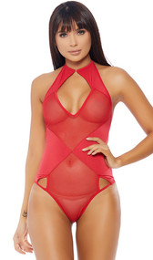Sleeveless sheer and opaque teddy features a high neckline with front hook closure, large diamond shaped keyhole, triangular side cut outs, T strap open back, and a cheeky cut. Crotch area is lined and does not open.