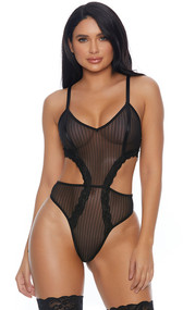 Sheer pinstriped teddy with scalloped lace trim features cut out sides, adjustable straps, adjustable hook and eye back closure, and cheeky cut bottom. Crotch area is lined and does not open.